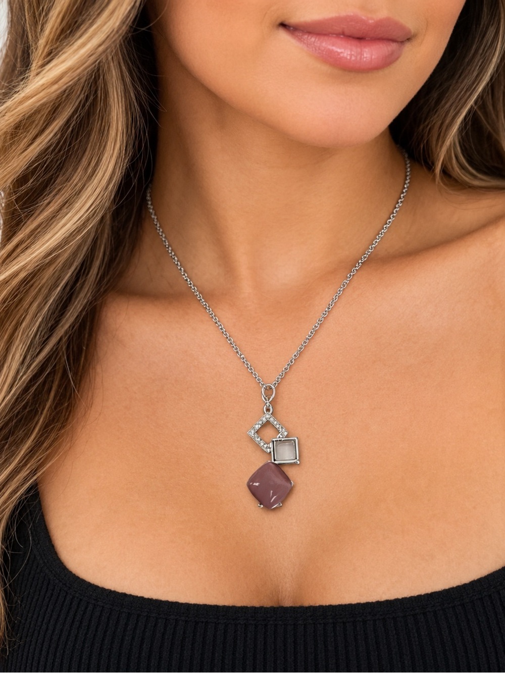 Pendant Necklace with Mauve Gem and Geometric Accents